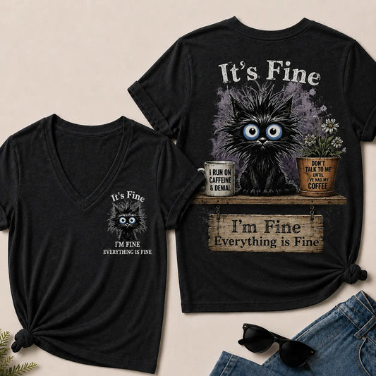 "It's Fine, I'm Fine, Everything Is Fine" Black Cat V-Neck T-Shirt