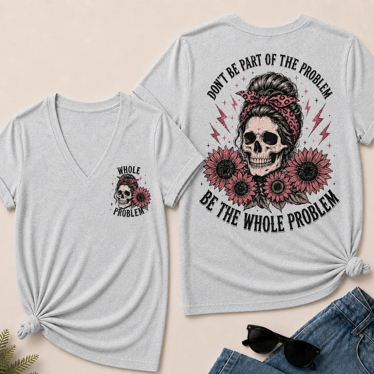 Women’s V‑Neck T‑Shirt, Leopard Bandana Skull Sunflower “Be The Whole Problem” Graphic Tee, Front & Back Print Sarcastic Casual Short Sleeve Top