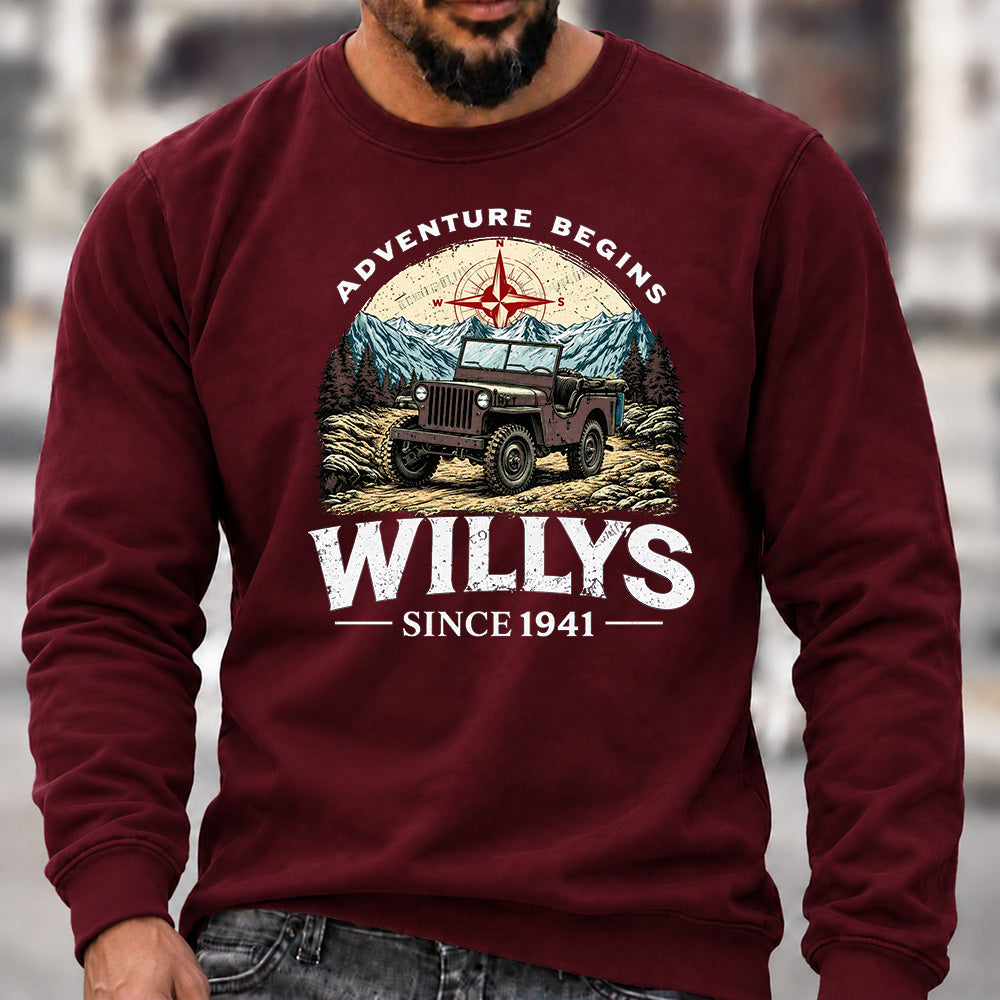 Willys Since 1941 Crew Neck Sweatshirt, Vintage Willys Jeep Men’s Graphic Casual Long Sleeve Pullover Top