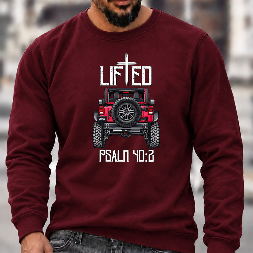 Lifted Psalm 40:2 Crew Neck Sweatshirt, Christian Offroad Jeep Men’s Graphic Casual Long Sleeve Pullover