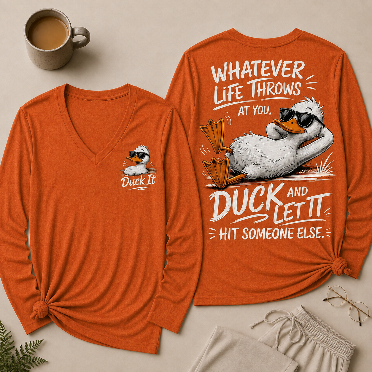 Whatever Life Throws at You – Duck It V-Neck Long Sleeve Shirts