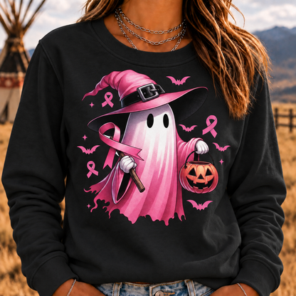 Women's In October We Wear Pink Halloween Ghost Breast Cancer Awareness Sweatshirt