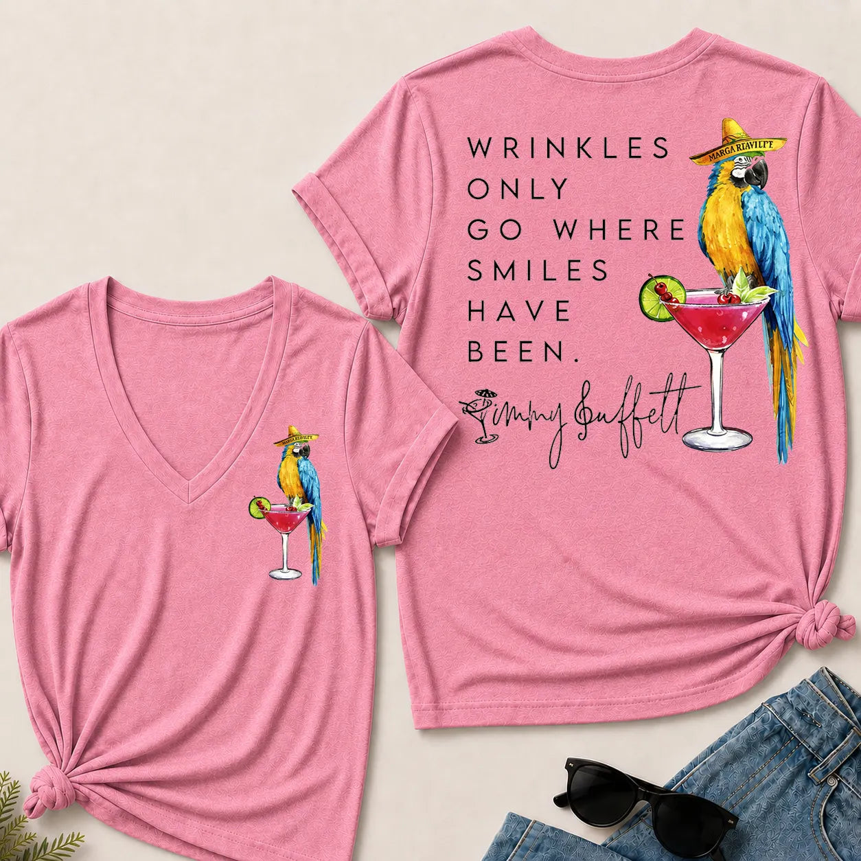 Wrinkles Only Go Where Smiles Have Been – Jimmy Buffett Tribute V-Neck T-Shirt