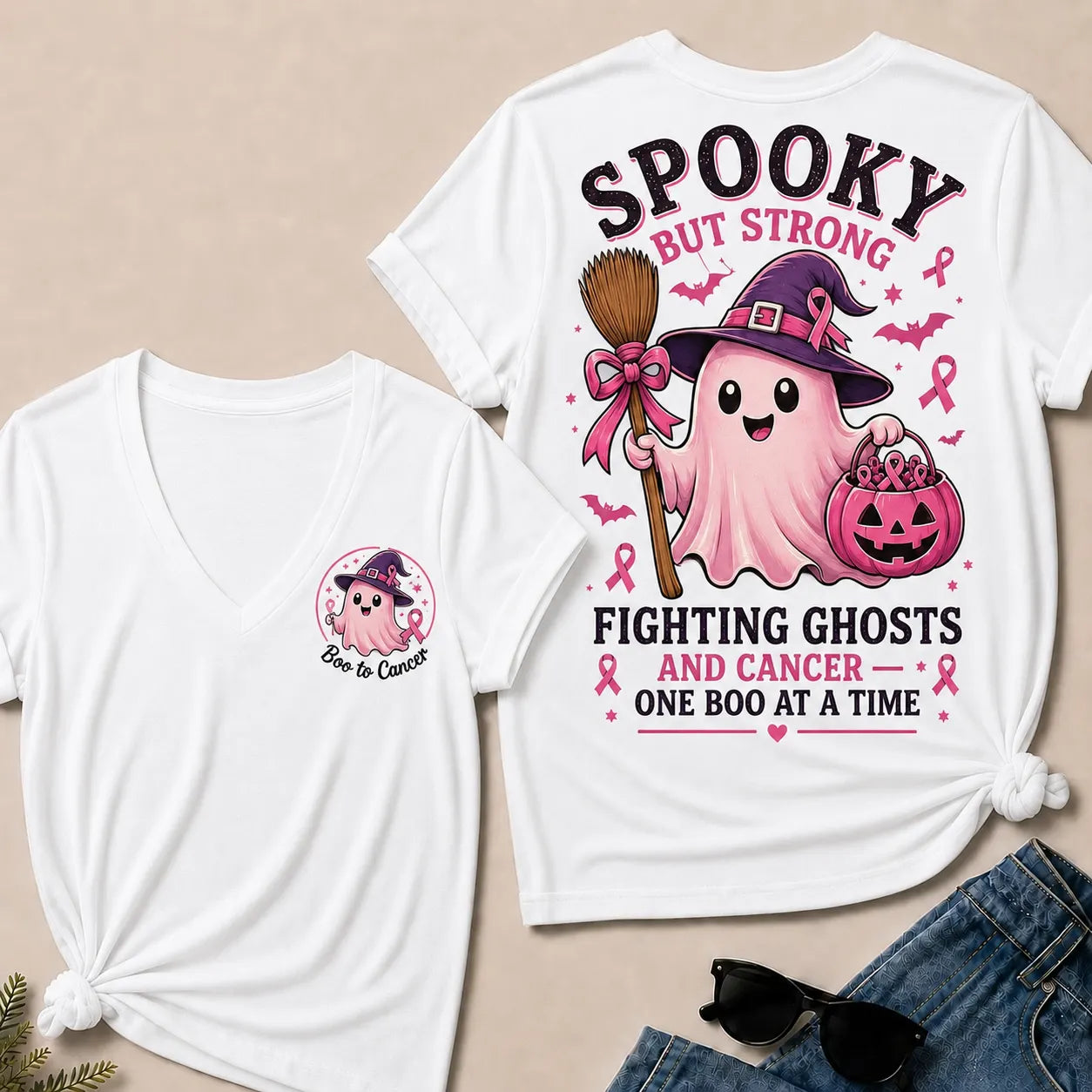 "Fighting Ghosts and Cancer – One BOO at a Time" V-Neck Tee