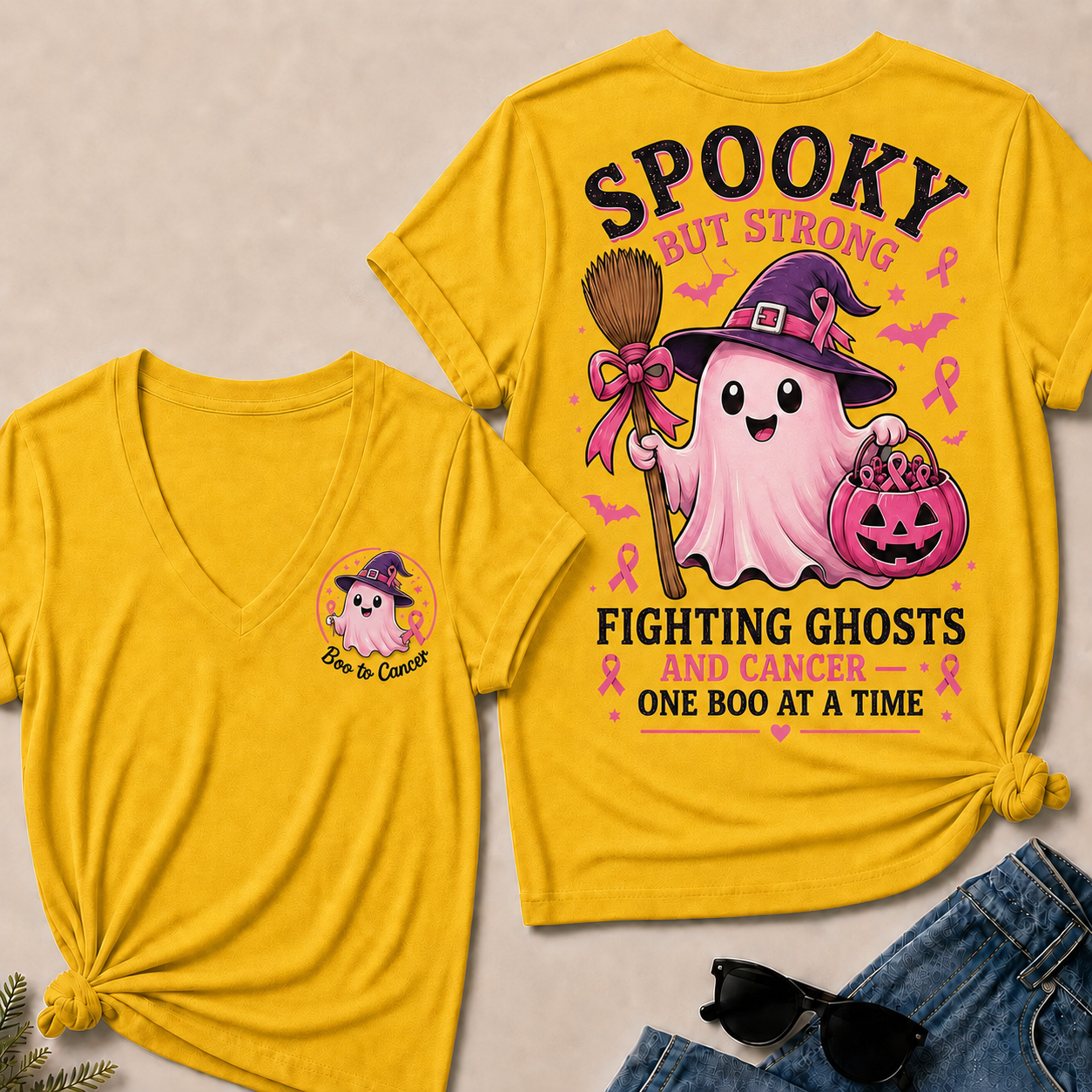 "Fighting Ghosts and Cancer – One BOO at a Time" V-Neck Tee