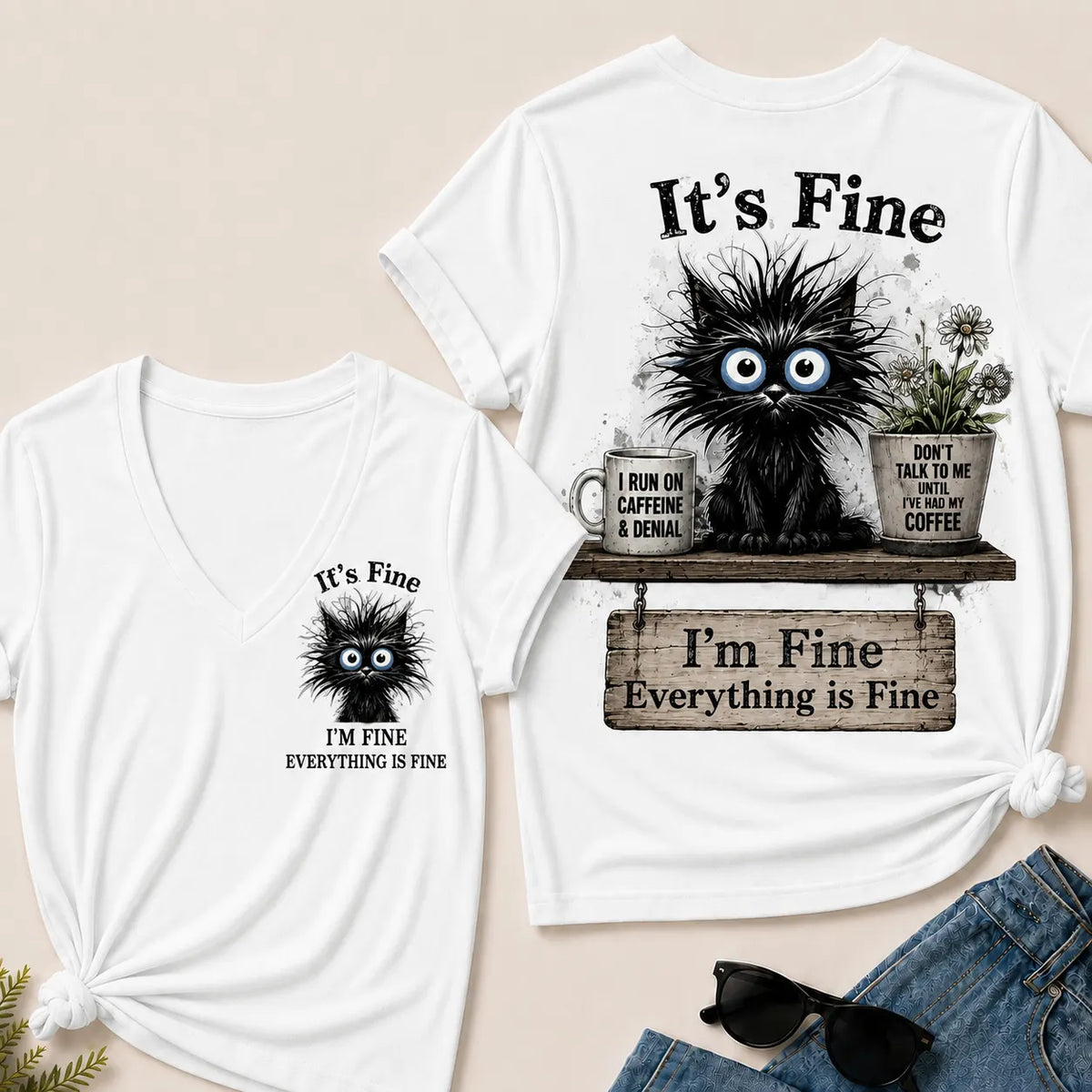 "It's Fine, I'm Fine, Everything Is Fine" Black Cat V-Neck T-Shirt