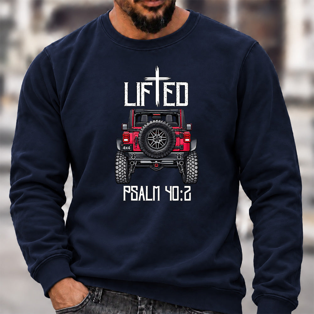 Lifted Psalm 40:2 Crew Neck Sweatshirt, Christian Offroad Jeep Men’s Graphic Casual Long Sleeve Pullover