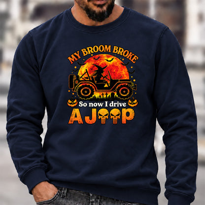 Men’s Crew Neck Sweatshirt, My Broom Broke So Now I Drive A Jeep Halloween Witch Offroad Graphic Pullover, Halloween Jeep Lover Casual Top