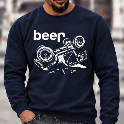 Funny Beer Jeep Rollover Crew Neck Sweatshirt, Offroad Men’s Graphic Casual Long Sleeve Pullover