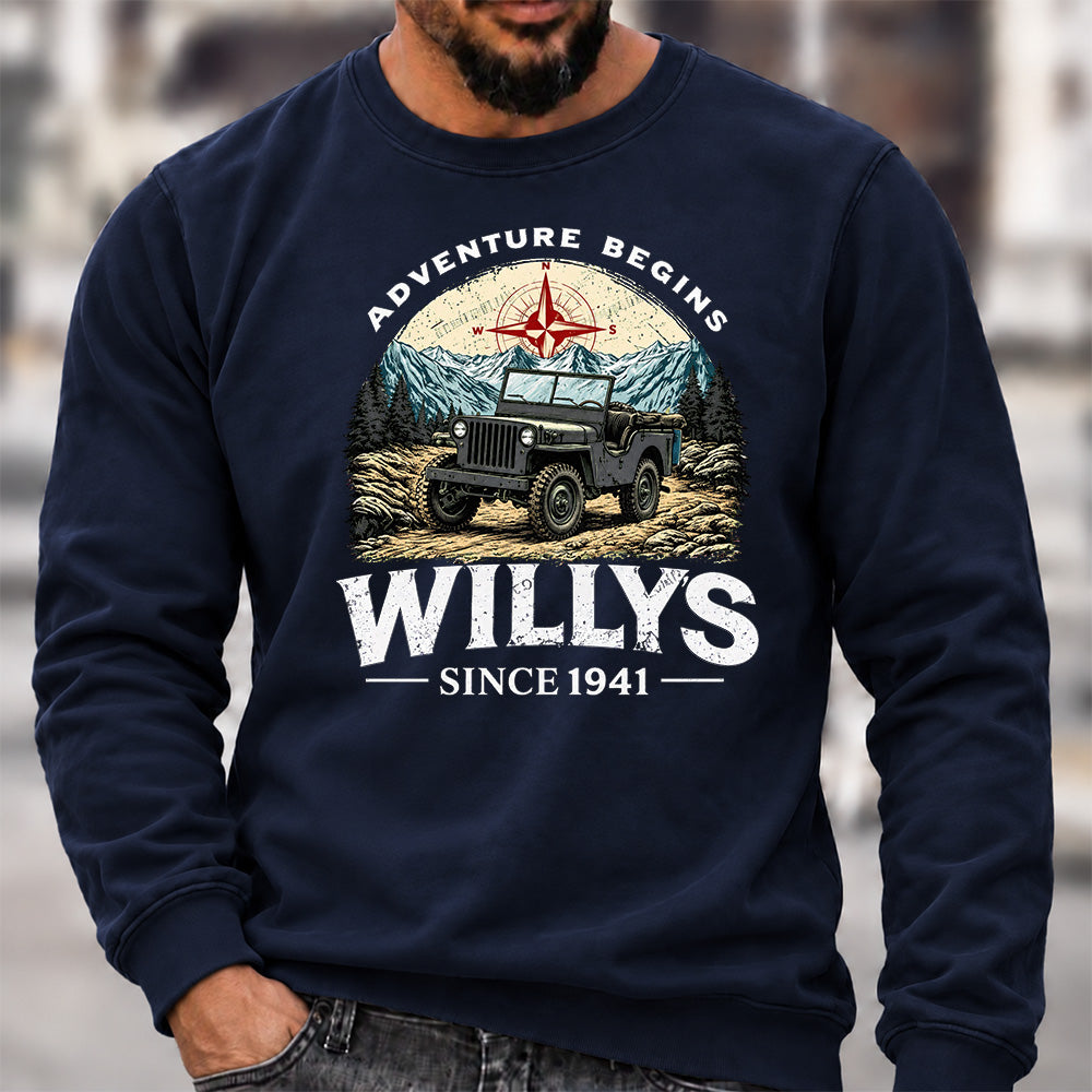 Willys Since 1941 Crew Neck Sweatshirt, Vintage Willys Jeep Men’s Graphic Casual Long Sleeve Pullover Top