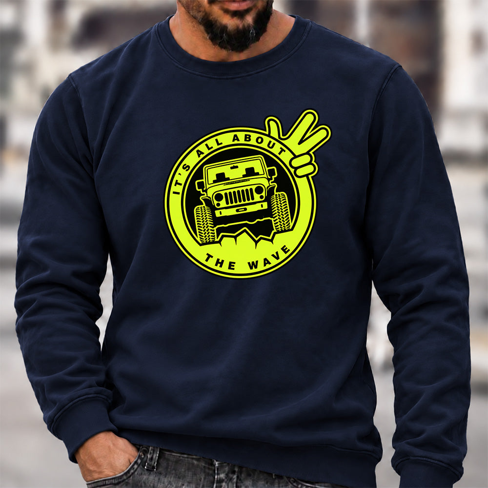 Men’s Crew Neck Sweatshirt, It's All About The Wave Jeep Wave Offroad Graphic Pullover, Jeep Lover Casual Long Sleeve Top