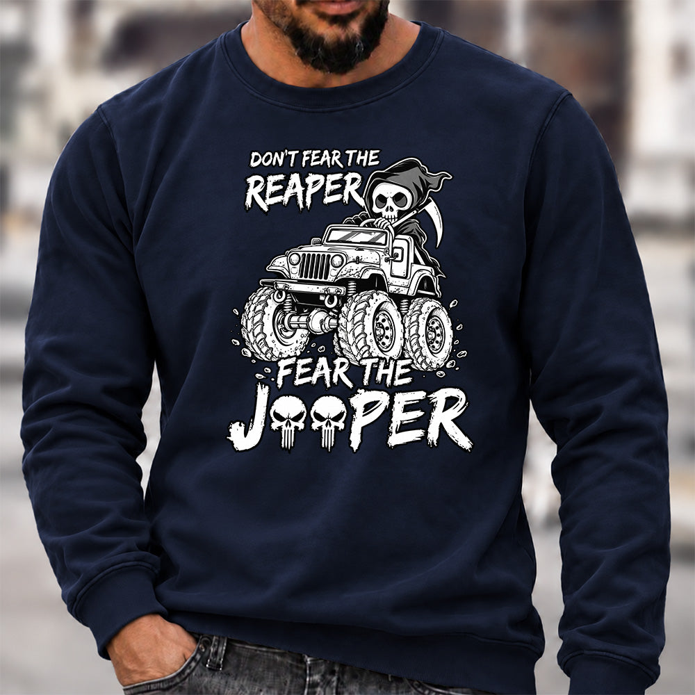 Don't Fear The Reaper Fear The Jeeper Crew Neck Sweatshirt, Men’s Grim Reaper Jeep Graphic Casual Long Sleeve Pullover Top