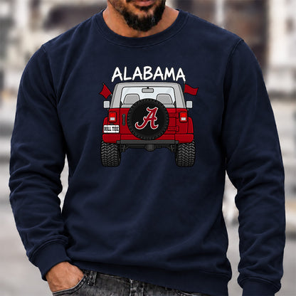 Men’s Crew Neck Sweatshirt, Alabama Roll Tide Themed Jeep Rear View Graphic Pullover, Football Fan Casual Offroad Top