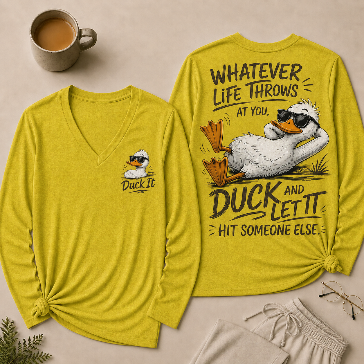 Whatever Life Throws at You – Duck It V-Neck Long Sleeve Shirts