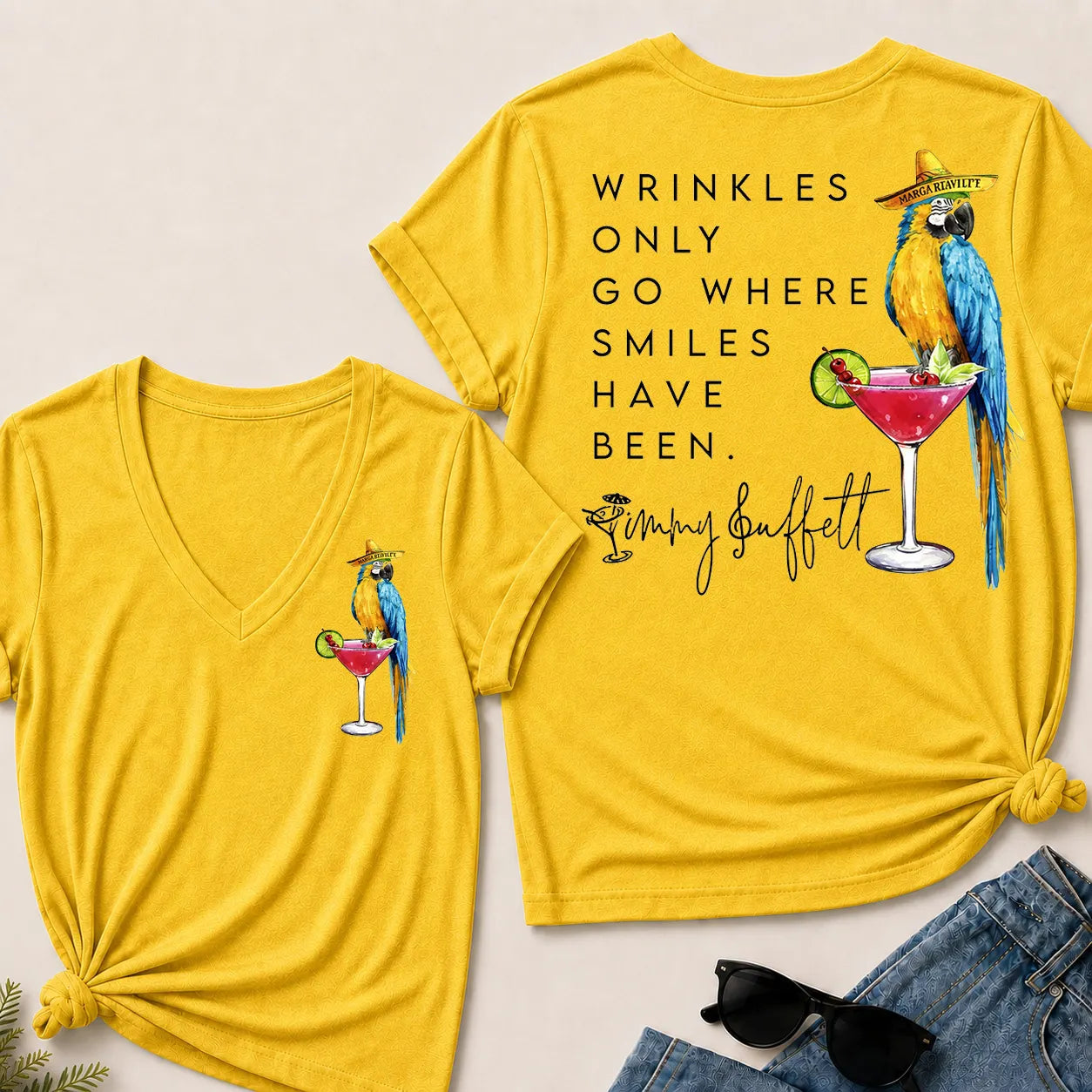 Wrinkles Only Go Where Smiles Have Been – Jimmy Buffett Tribute V-Neck T-Shirt
