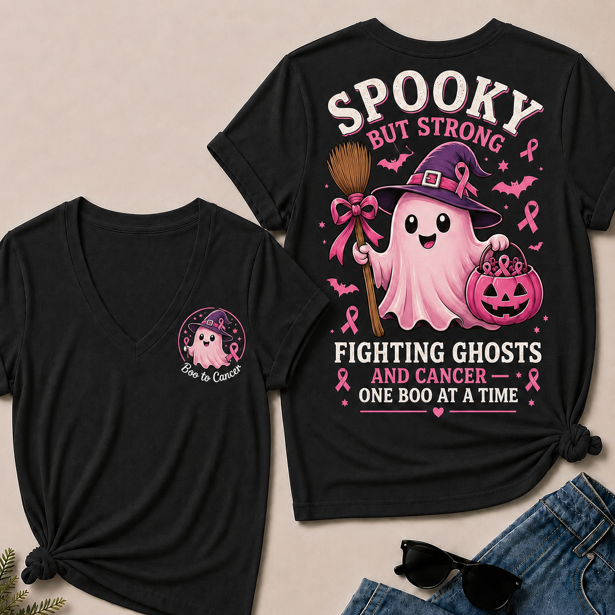 "Fighting Ghosts and Cancer – One BOO at a Time" V-Neck Tee