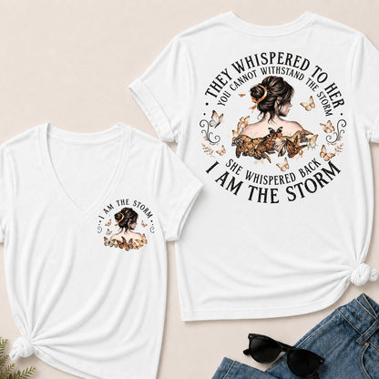 Women’s I Am The Storm V‑Neck Graphic T‑Shirt, Inspirational Butterfly Quote Short Sleeve Tee, Front & Back Print Casual Top