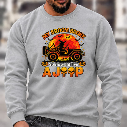 Men’s Crew Neck Sweatshirt, My Broom Broke So Now I Drive A Jeep Halloween Witch Offroad Graphic Pullover, Halloween Jeep Lover Casual Top