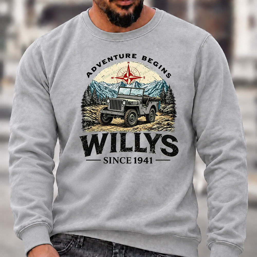 Willys Since 1941 Crew Neck Sweatshirt, Vintage Willys Jeep Men’s Graphic Casual Long Sleeve Pullover Top