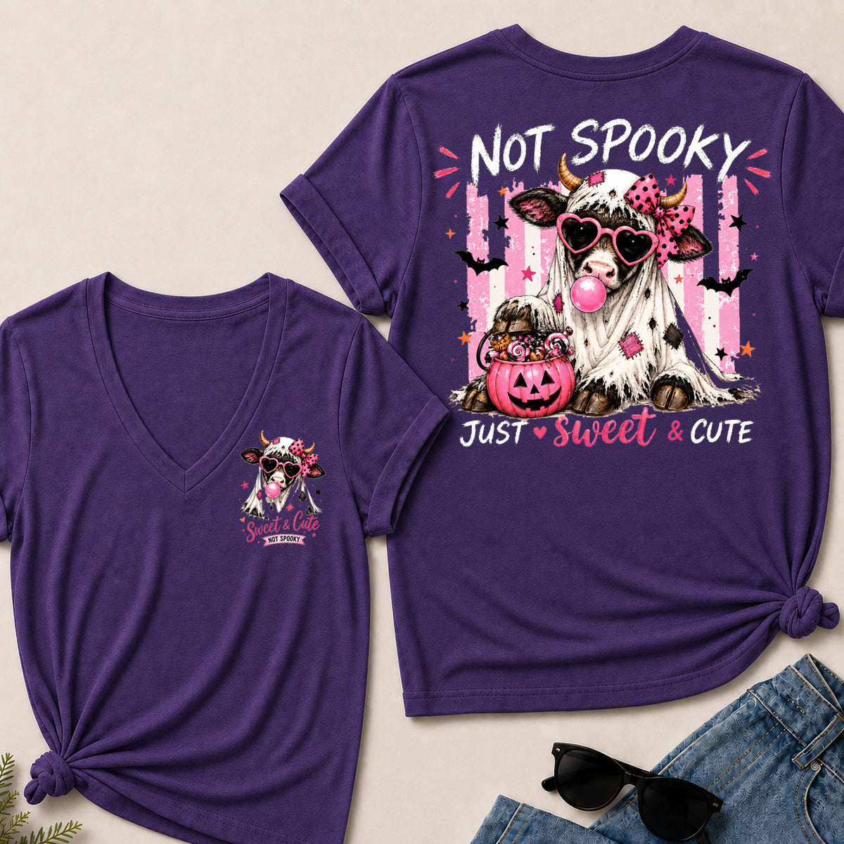 Women’s Not Spooky Just Sweet & Cute V‑Neck Graphic T‑Shirt, Cute Halloween Cow Ghost Short Sleeve Tee, Front & Back Print Casual Top
