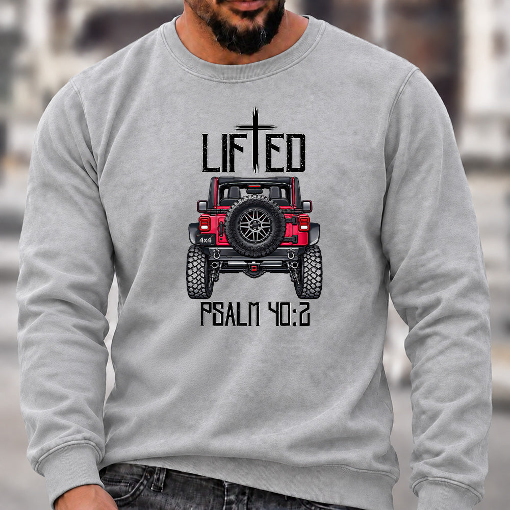 Lifted Psalm 40:2 Crew Neck Sweatshirt, Christian Offroad Jeep Men’s Graphic Casual Long Sleeve Pullover