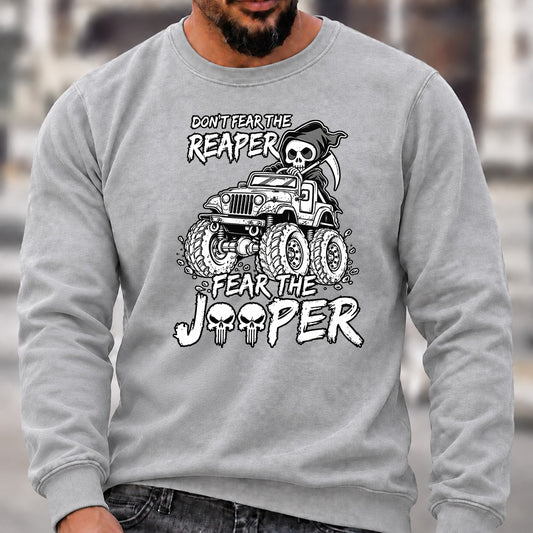 Don't Fear The Reaper Fear The Jeeper Crew Neck Sweatshirt, Men’s Grim Reaper Jeep Graphic Casual Long Sleeve Pullover Top