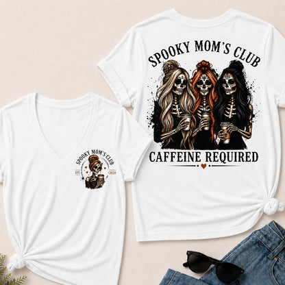 Spooky Mom’s Club V‑Neck Tee, Skeleton Halloween Caffeine Required Women’s Graphic Short Sleeve T‑Shirt