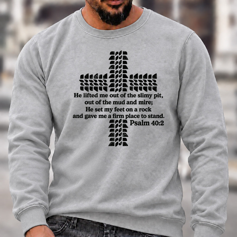 Men’s Crew Neck Sweatshirt, Psalm 40:2 Bible Verse Tire Tread Cross Graphic Pullover, Christian Offroad Faith Casual Top