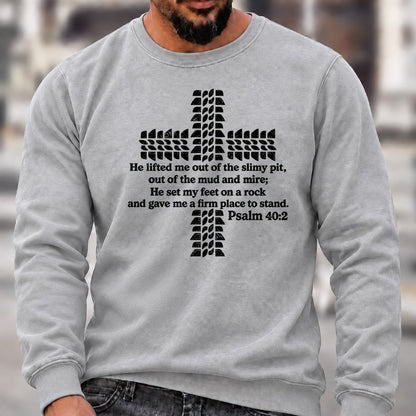 Men’s Crew Neck Sweatshirt, Psalm 40:2 Bible Verse Tire Tread Cross Graphic Pullover, Christian Offroad Faith Casual Top