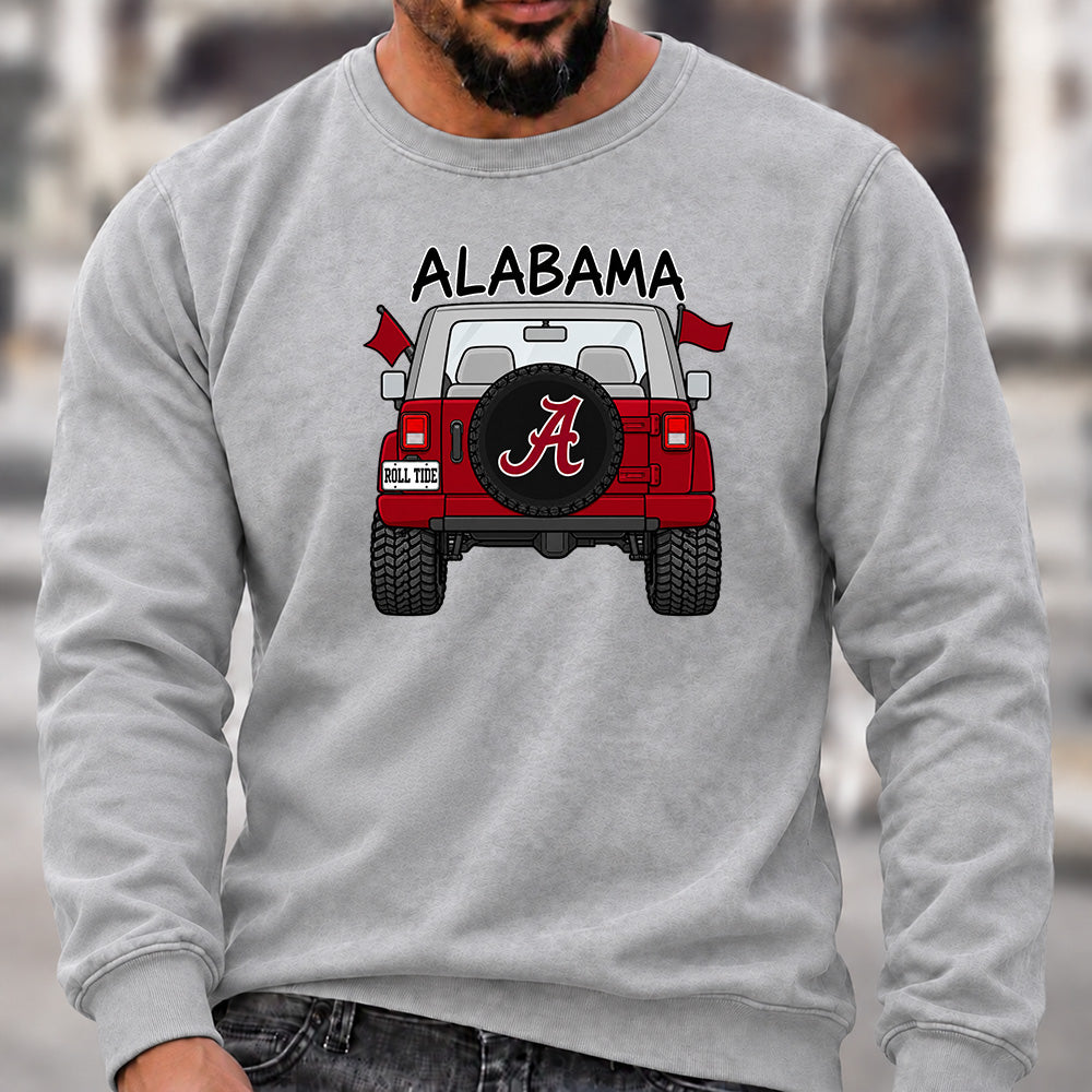 Men’s Crew Neck Sweatshirt, Alabama Roll Tide Themed Jeep Rear View Graphic Pullover, Football Fan Casual Offroad Top