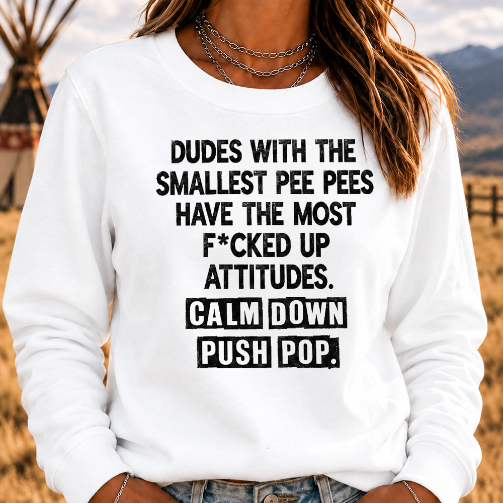 Dudes With The Smallest Pee Pees Have The Most F*cked Up Attitudes Sweatshirt | Calm Down Push Pop