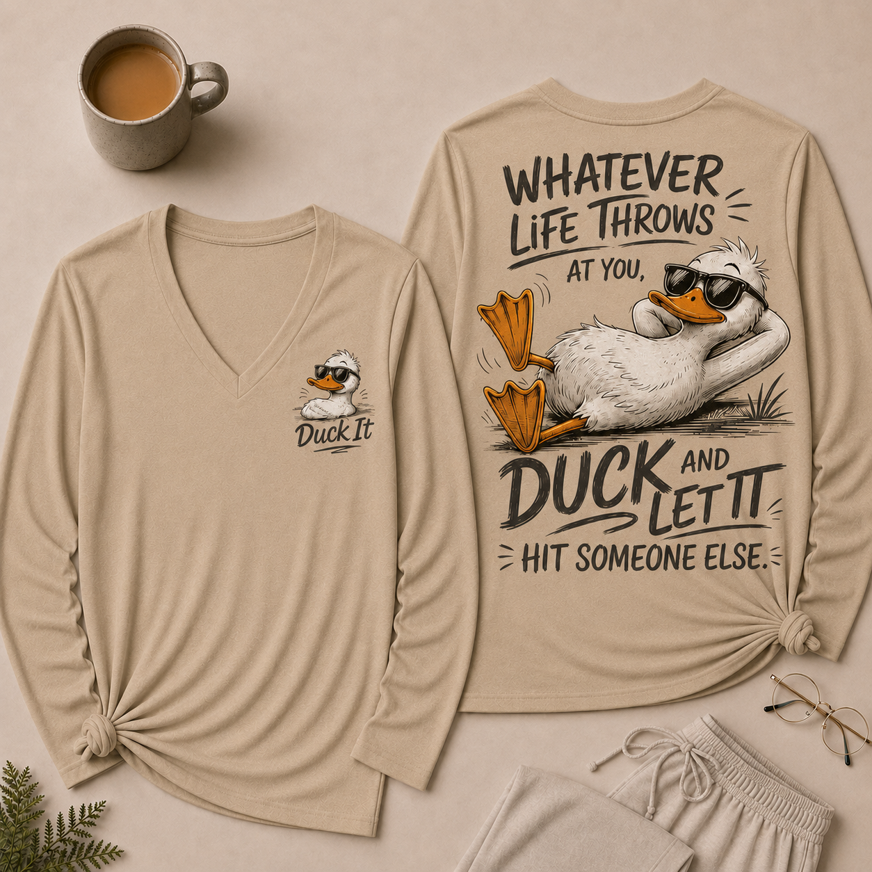 Whatever Life Throws at You – Duck It V-Neck Long Sleeve Shirts