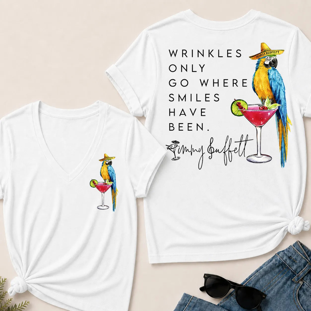 Wrinkles Only Go Where Smiles Have Been – Jimmy Buffett Tribute V-Neck T-Shirt