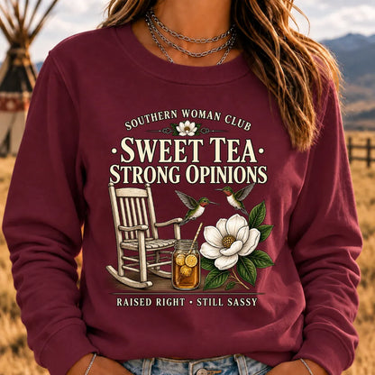 Southern Woman Club Sweet Tea Strong Opinions Vintage Magnolia Graphic For Southern Sweatshirts