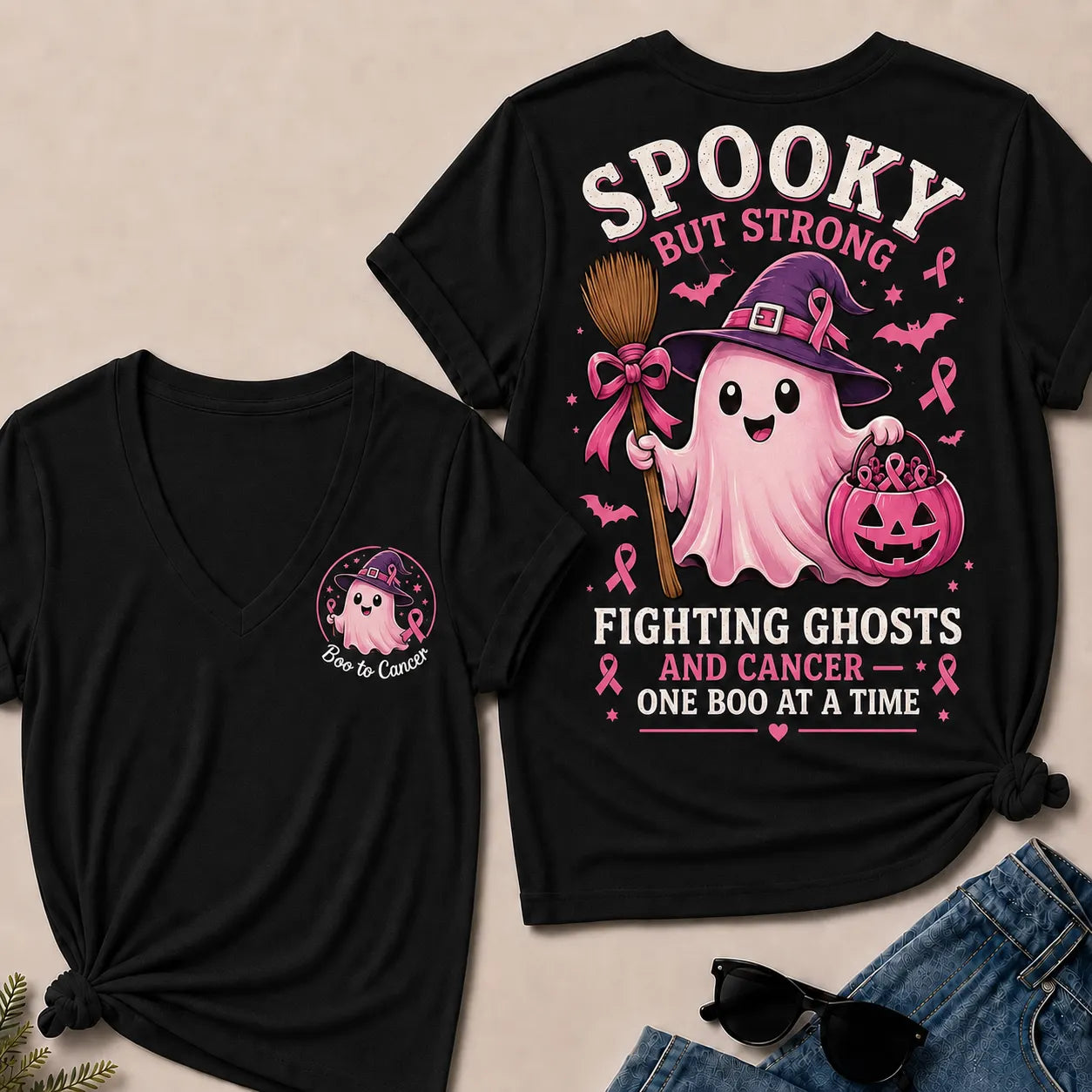 "Fighting Ghosts and Cancer – One BOO at a Time" V-Neck Tee