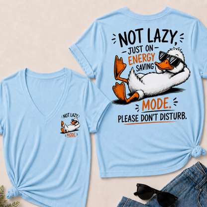 Women’s V‑Neck T‑Shirt, Funny Duck Not Lazy Energy Saving Mode Graphic Tee, Front & Back Print Casual Humor Short Sleeve Top