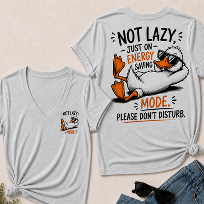 Women’s V‑Neck T‑Shirt, Funny Duck Not Lazy Energy Saving Mode Graphic Tee, Front & Back Print Casual Humor Short Sleeve Top