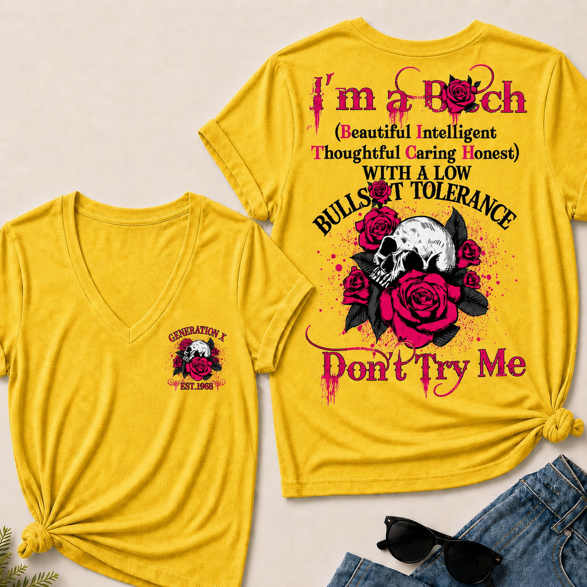 Women’s V‑Neck T‑Shirt, Generation X EST.1968 Skull Pink Rose Graphic Tee, Beautiful Intelligent Thoughtful Caring Honest Front & Back Print Casual Short Sleeve Top
