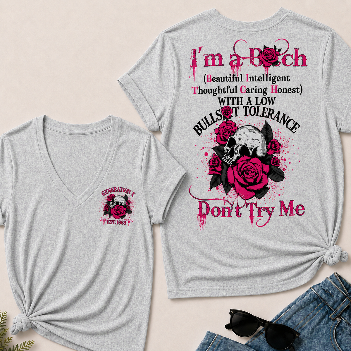 Women’s V‑Neck T‑Shirt, Generation X EST.1968 Skull Pink Rose Graphic Tee, Beautiful Intelligent Thoughtful Caring Honest Front & Back Print Casual Short Sleeve Top