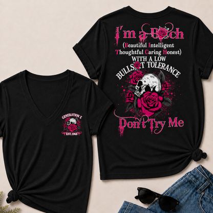 Women’s V‑Neck T‑Shirt, Generation X EST.1968 Skull Pink Rose Graphic Tee, Beautiful Intelligent Thoughtful Caring Honest Front & Back Print Casual Short Sleeve Top