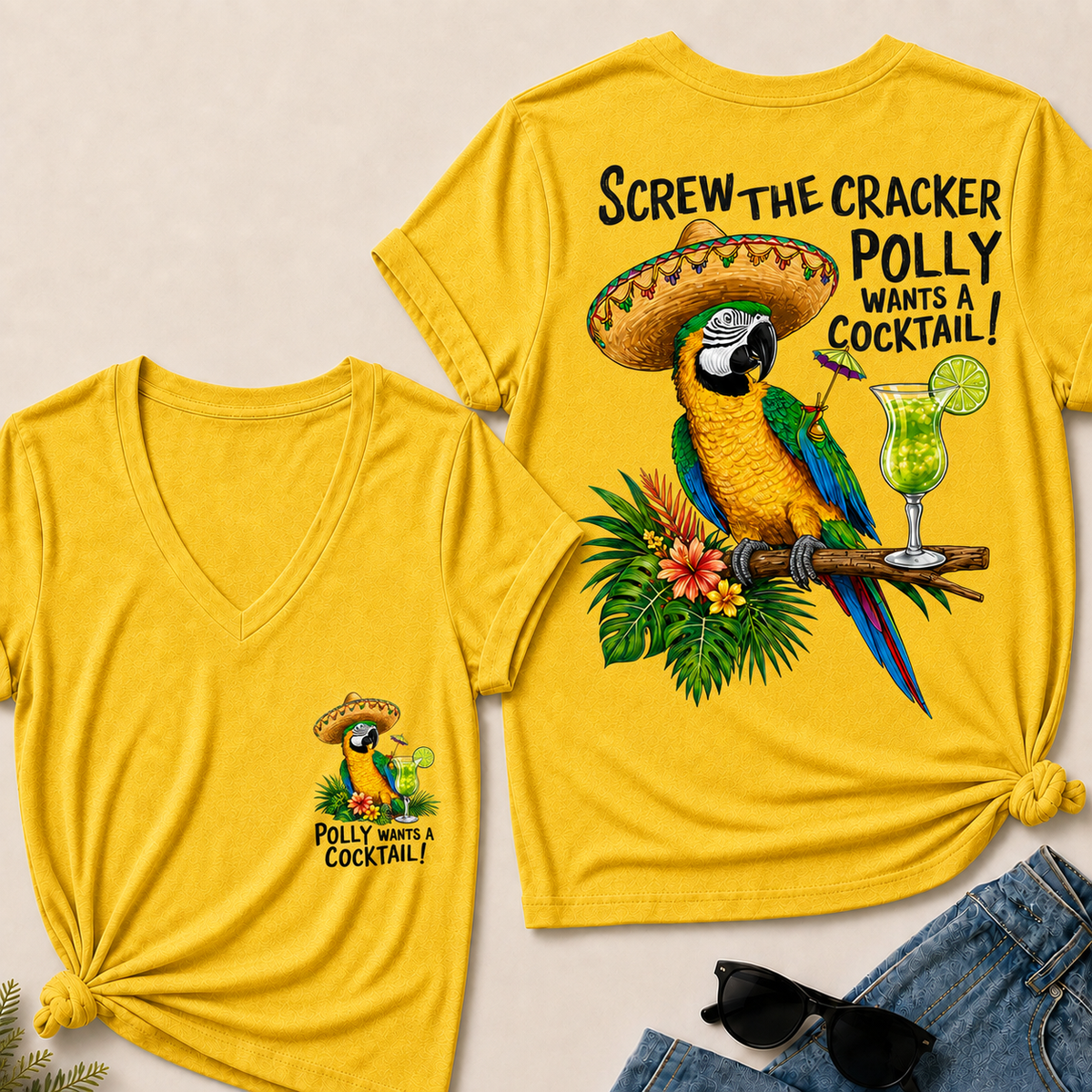 Women’s V‑Neck T‑Shirt, Funny Parrot Polly Wants A Cocktail Graphic Tee, Front & Back Print Tropical Vacation Casual Short Sleeve Top
