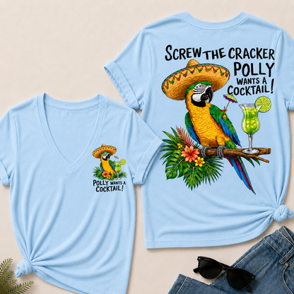 Women’s V‑Neck T‑Shirt, Funny Parrot Polly Wants A Cocktail Graphic Tee, Front & Back Print Tropical Vacation Casual Short Sleeve Top