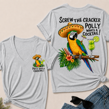 Women’s V‑Neck T‑Shirt, Funny Parrot Polly Wants A Cocktail Graphic Tee, Front & Back Print Tropical Vacation Casual Short Sleeve Top