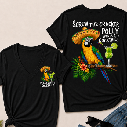 Women’s V‑Neck T‑Shirt, Funny Parrot Polly Wants A Cocktail Graphic Tee, Front & Back Print Tropical Vacation Casual Short Sleeve Top