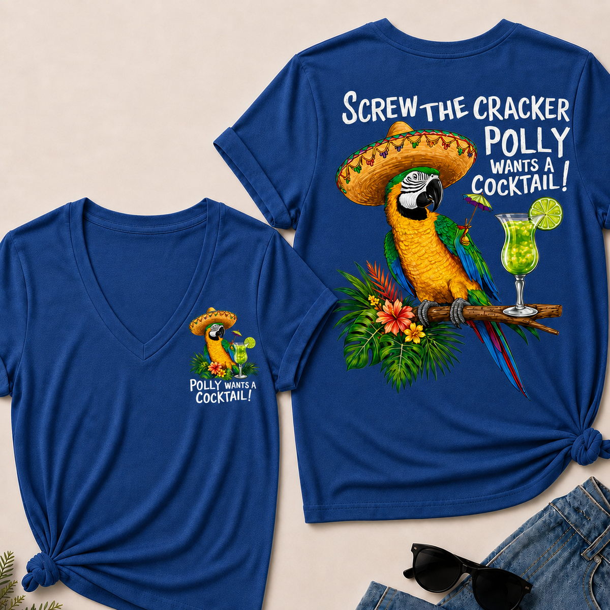 Women’s V‑Neck T‑Shirt, Funny Parrot Polly Wants A Cocktail Graphic Tee, Front & Back Print Tropical Vacation Casual Short Sleeve Top