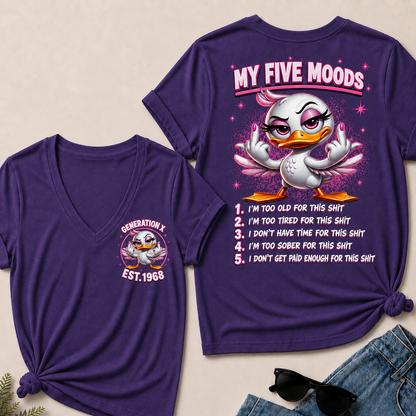 Women’s V‑Neck T‑Shirt, Generation X EST.1968 Pink Duck My Five Moods Graphic Tee, Front & Back Print Sarcastic Funny Casual Short Sleeve Top