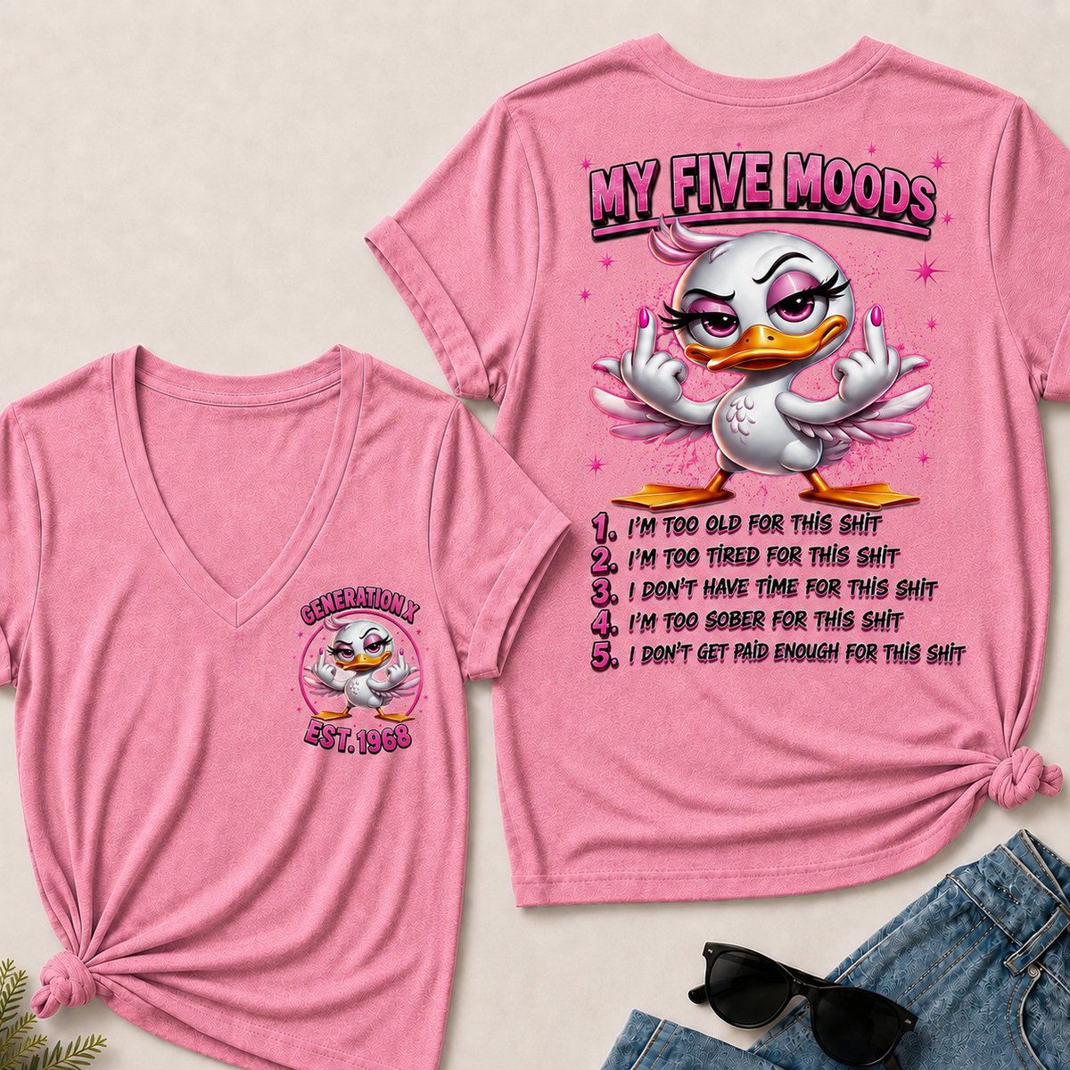 Women’s V‑Neck T‑Shirt, Generation X EST.1968 Pink Duck My Five Moods Graphic Tee, Front & Back Print Sarcastic Funny Casual Short Sleeve Top
