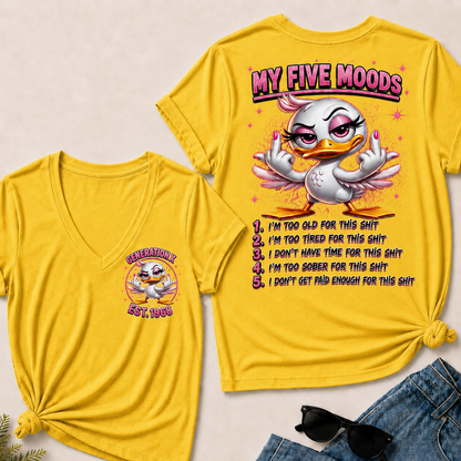 Women’s V‑Neck T‑Shirt, Generation X EST.1968 Pink Duck My Five Moods Graphic Tee, Front & Back Print Sarcastic Funny Casual Short Sleeve Top