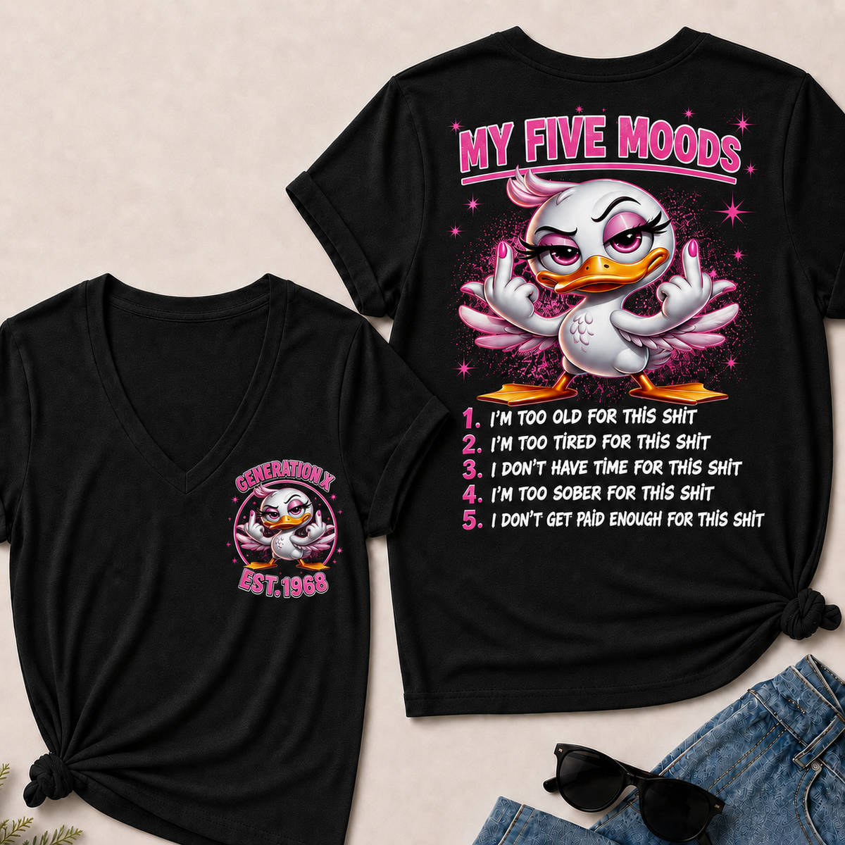 Women’s V‑Neck T‑Shirt, Generation X EST.1968 Pink Duck My Five Moods Graphic Tee, Front & Back Print Sarcastic Funny Casual Short Sleeve Top