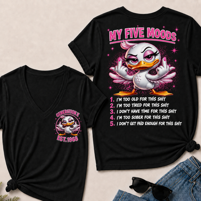 Women’s V‑Neck T‑Shirt, Generation X EST.1968 Pink Duck My Five Moods Graphic Tee, Front & Back Print Sarcastic Funny Casual Short Sleeve Top